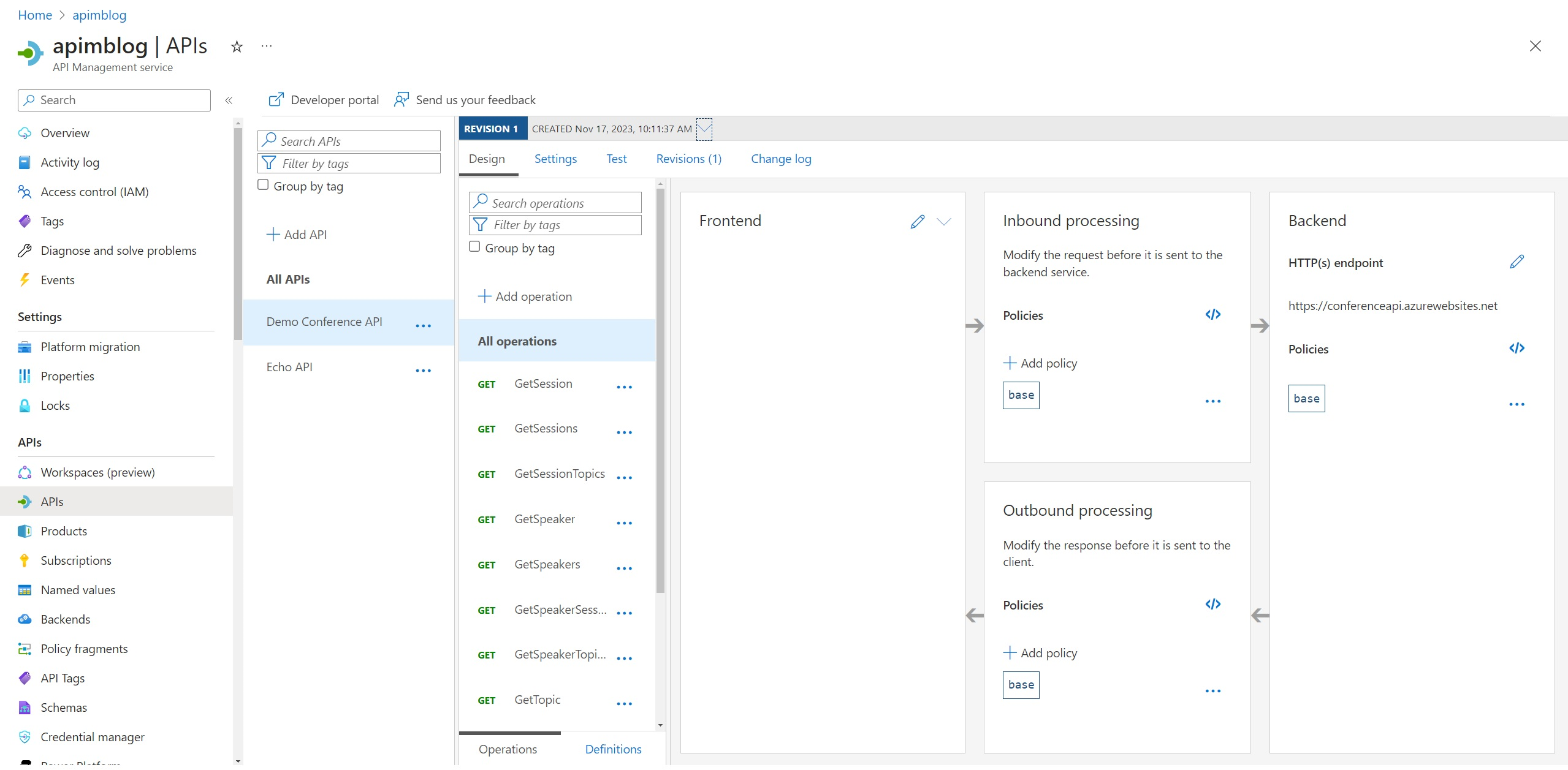 API being registered in the API Management Service